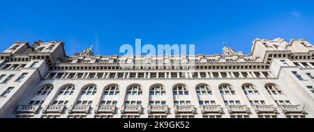 Bertie and Bella, the two Liver Birds seen looking away from both ends of the Royal Liver Building in Liverpool pictured above the Liverpool skyline i Stock Photo