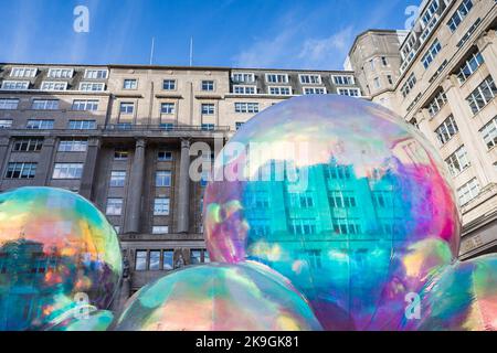 Evanescent light installation seen during the day in Liverpool as part of the River of Light festival.  Created by Atelier Sisu, these are gigantic bu Stock Photo