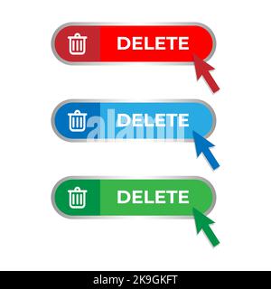 Delete button with trash can symbol and cursor mouse click. Set of colorful modern web button on white background. Stock Vector