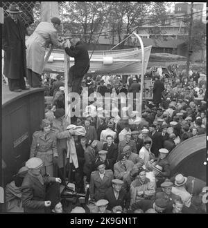 Danish refugees on their way home, aboard the train ferry Malmö. Here on the way to Copenhagen. Stock Photo