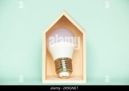 The LED light bulb lies in a small wooden house on a blue background, saving electricity in the house Stock Photo