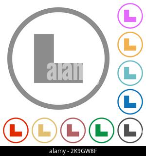 Bottom left angle arrow solid flat color icons in round outlines on white background Stock Vector
