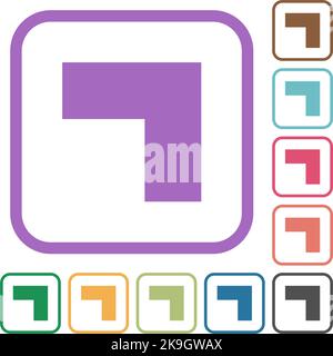 Top right 90 degrees angle arrow solid simple icons in color rounded square frames on white background Stock Vector