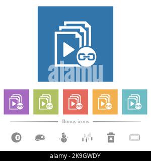 Link playlist flat white icons in square backgrounds. 6 bonus icons included. Stock Vector