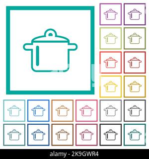 Cooking pot outline flat color icons with quadrant frames on white background Stock Vector
