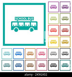 school bus with passengers side view flat color icons with quadrant frames on white background Stock Vector