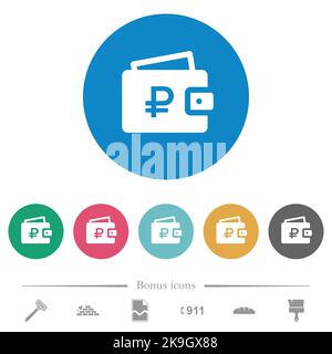 Ruble wallet flat white icons on round color backgrounds. 6 bonus icons included. Stock Vector