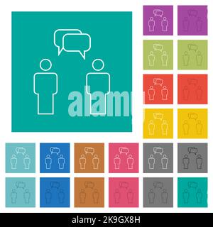 Two talking persons with rounded square bubbles outline multi colored flat icons on plain square backgrounds. Included white and darker icon variation Stock Vector