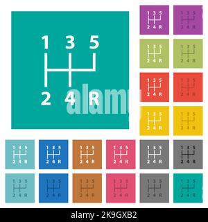 five speed manual gear shift multi colored flat icons on plain square backgrounds. Included white and darker icon variations for hover or active effec Stock Vector