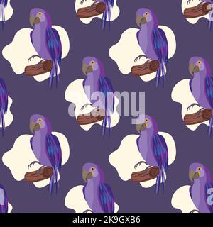 Seamless pattern with cute cartoon parrot bird on branch. Vector illustration for wallpaper, fabric, textile. Summer exotic print. Tropical parrot Stock Vector