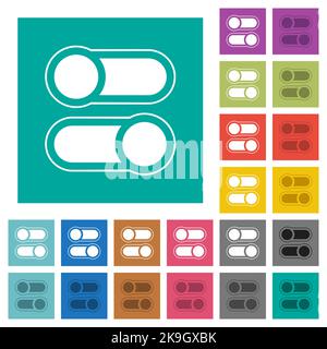 Horizontal toggle switches alternate multi colored flat icons on plain square backgrounds. Included white and darker icon variations for hover or acti Stock Vector