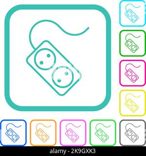 Portable electrical outlet with two sockets and cord outline vivid colored flat icons in curved borders on white background Stock Vector