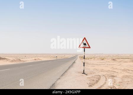 Sign warning of Camels crossing in a rural road in the desert of the Middle East with road going thru the a deserted area, copy space in the sky Stock Photo