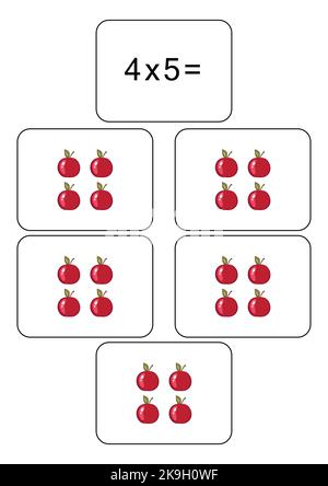 Multiplication table of 4. Maths card with an example, drawing. Multiplication Square, vector illustration.Printed products, banner, table for Stock Vector