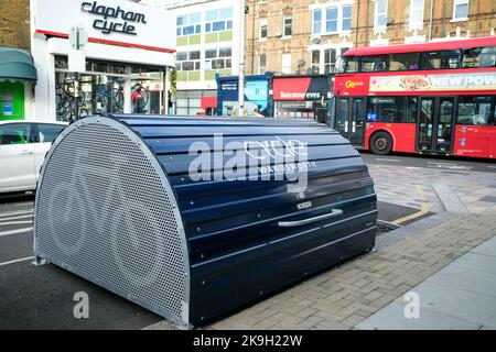 London- October 2022: A public bicycle storage unit provided by Wandsworth council close to Clapham Junction Stock Photo