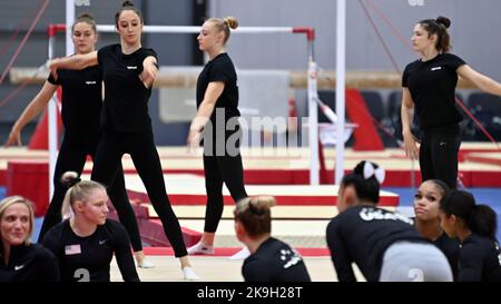 Liverpool, UK. 28th Oct, 2022. Belgian Maellyse Brassart, Belgian gymnast Nina Derwael and Belgian Lisa Vaelen pictured during a training session of the Belgian team ahead of the World Artistic Gymnastics Championships in Liverpool, Friday 28 October 2022. The Worlds take place from October 29 until November 6, 2022 in Liverpool, United Kingdom. BELGA PHOTO ERIC LALMAND Credit: Belga News Agency/Alamy Live News Stock Photo