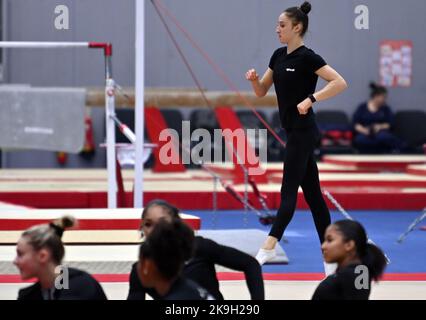 Liverpool, UK. 28th Oct, 2022. Belgian gymnast Nina Derwael pictured during a training session of the Belgian team ahead of the World Artistic Gymnastics Championships in Liverpool, Friday 28 October 2022. The Worlds take place from October 29 until November 6, 2022 in Liverpool, United Kingdom. BELGA PHOTO ERIC LALMAND Credit: Belga News Agency/Alamy Live News Stock Photo