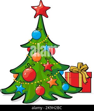 Christmas tree decorated star, balls and light bulb chain with gift boxe. Flat vector on transparent background. Stock Vector