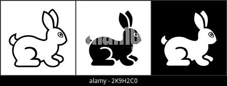 Set of black and white icons rabbit (bunny). 2023 china new year symbol. Vector on transparent and black background Stock Vector