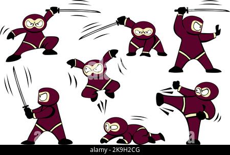 Funny cartoon litle ninja set with katana sword, different fighting poses. Vector on transparent background Stock Vector