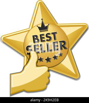 Advertising gold star sticker best seller with thumb up and crown. Illustration, vector on transparent background Stock Vector