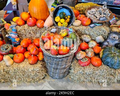 Kiel, Germany - 03. October 2022: Assembled pumpkins for sale in a supermarket for Halloween Stock Photo