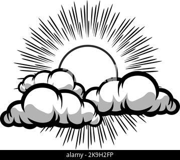 Sun with clouds in sky. Black and white comic cartoon illustration. Vector on transparent background Stock Vector