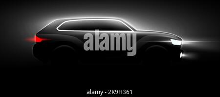 Black SUV car silhouette with head lights and tail lights on a dark night background. Automotive poster vector illustration. Premium style black and white automobile poster horizontal banner design. Stock Vector