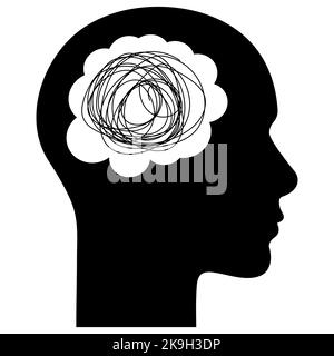 Human head silhouette with tangled line inside. Concept of mental disorder, finding solution, chaotic thinking process and depression. Vector illustra Stock Vector