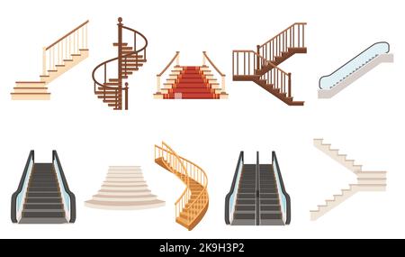 Set of wood stairs with modern escalator indoor construction classic design vector illustration isolated on white background Stock Vector