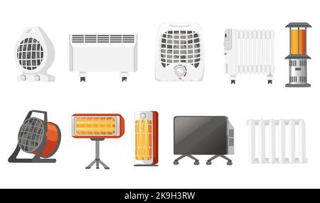 Set of domestic portable air heater with fan and ceramic heater element vector illustration isolated on white background Stock Vector