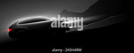 Black SUV car driving uphill on the mountains background in a dark night. Wild automobile journey poster vector illustration. Black and white off road automotive horizontal banner design. Stock Vector