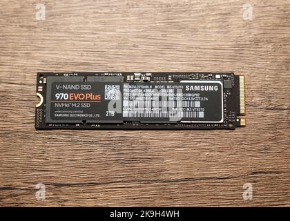 Newcastle UK: 16th Oct 2022: Close up of a very fast NVME Samsung SSD hard drive Stock Photo