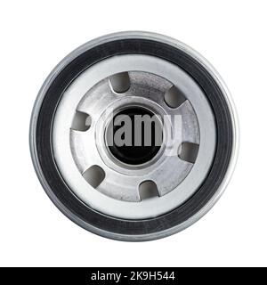 Closeup new oil filter isolated on white background. Top view. Stock Photo