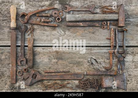 frame made of old rusty hand tools Stock Photo