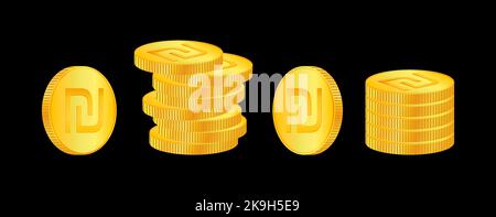 Sheqel. 3D isometric Physical coins. Currency. Golden coins with Sheqel ...