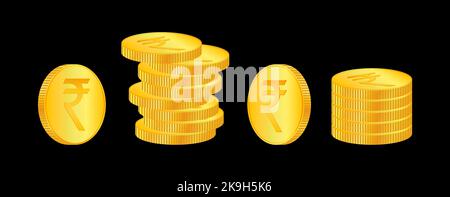 Rupee. 3D isometric Physical coins. Currency. Golden coins with Rupee symbol isolated on black background. Vector illustration. INR Stock Vector