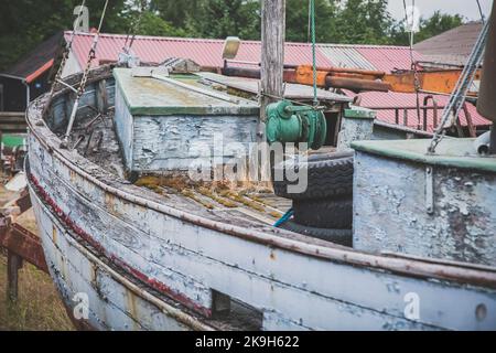 Deck of old wooden ship on the Wirksund pier in Denmark Stock Photo