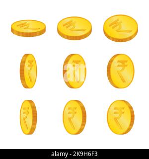Rupee. 3D isometric Physical coins. Currency. Golden coins with Rupee symbol isolated on white background. Vector illustration. INR Stock Vector