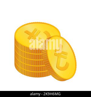 Turkish lira. 3D isometric Physical coins. Currency.  Golden coins with turkish lira  symbol isolated on black  background. Vector illustration. Turke Stock Vector