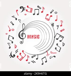 Music circle background in black and red colors. Vector musical illustration with hand drawn notes Stock Vector