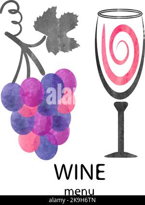 Vector illustration of watercolor wine glass and grapes. Wine menu design Stock Vector