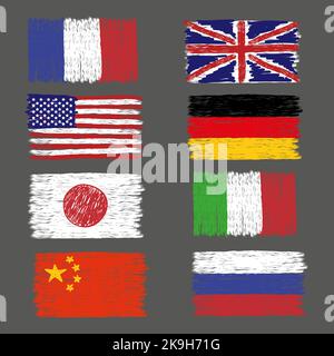 Set of hand drawn grunge world flags. Vector illustration. Stock Vector