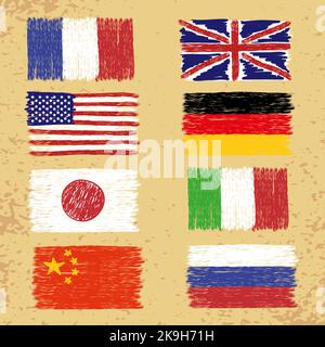 Set of hand drawn world flags. Vector grunge illustration Stock Vector