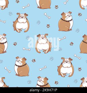 Cute cartoon dogs seamless pattern. Vector background with doodle bulldogs on blue Stock Vector