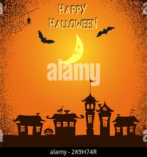 Halloween background in orange and black colors. Vector illustration of creepy bats, moon and doodle houses Stock Vector
