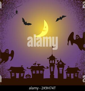 Halloween background with creepy ghosts, bats and moon. Holiday card design in purple color. Vector illustration Stock Vector