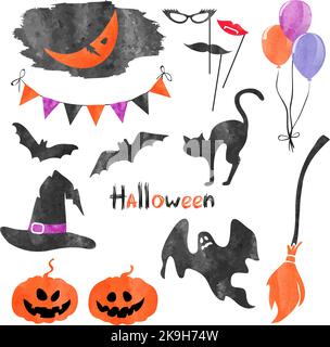 Watercolor Halloween icons set. Vector holiday party collection of elements for design Stock Vector