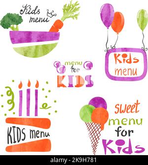 Watercolor kids menu logo design set. Collection of colorful vector menu banner Stock Vector