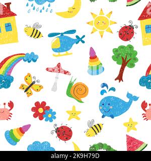 Children drawings seamless pattern. Kids doodle texture. Hand drawn ...